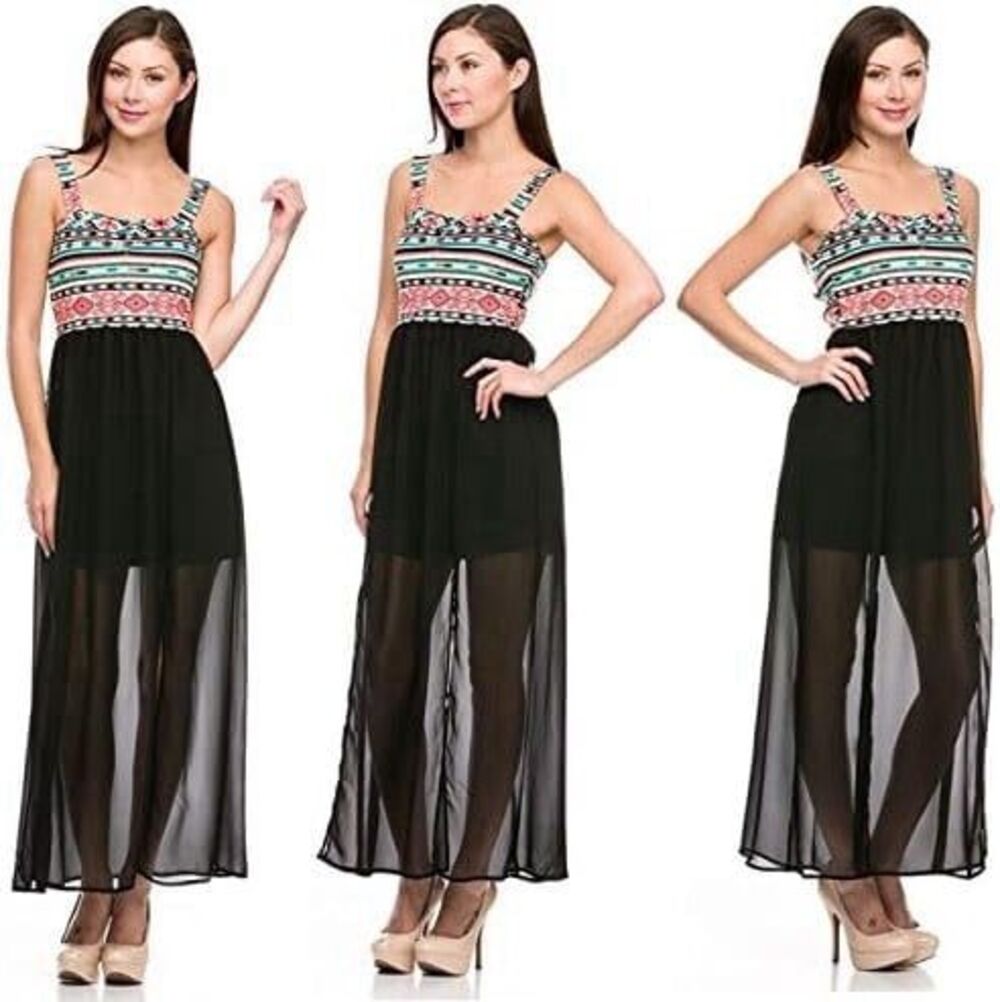 Finesse Aztec Print Maxi Dress XS S Boho Geometric Tribal Sheer Chiffon Festival - Picture 2 of 7